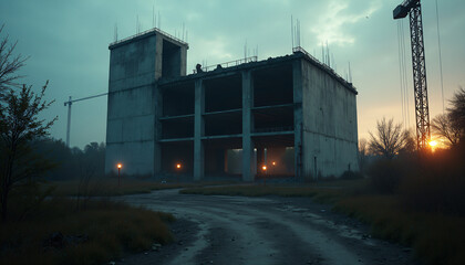 Fototapeta premium Abandoned Building Construction Site at Dusk