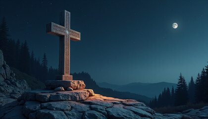 Large Cross Illuminated by Moonlight in Mountain Cemetery