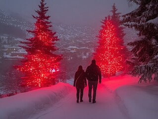 Couple walking on snow-covered path illuminated by red Christmas trees in winter.