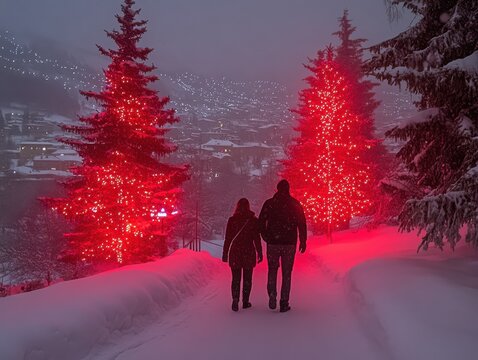 Couple walking on snow-covered path illuminated by red Christmas trees in winter.
