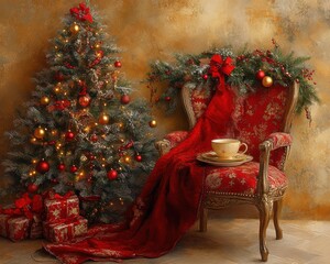 Cozy Christmas scene with decorated tree and elegant red chair with tea