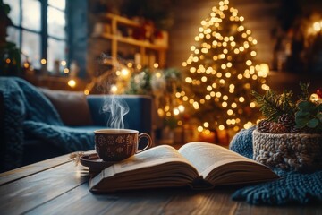 Cozy winter scene with a book, tea, and a beautifully lit Christmas tree.