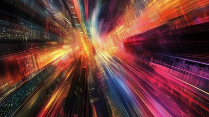 Abstract cityscape flowing light geometric shapes radiant energy vibrant hues. AI generated