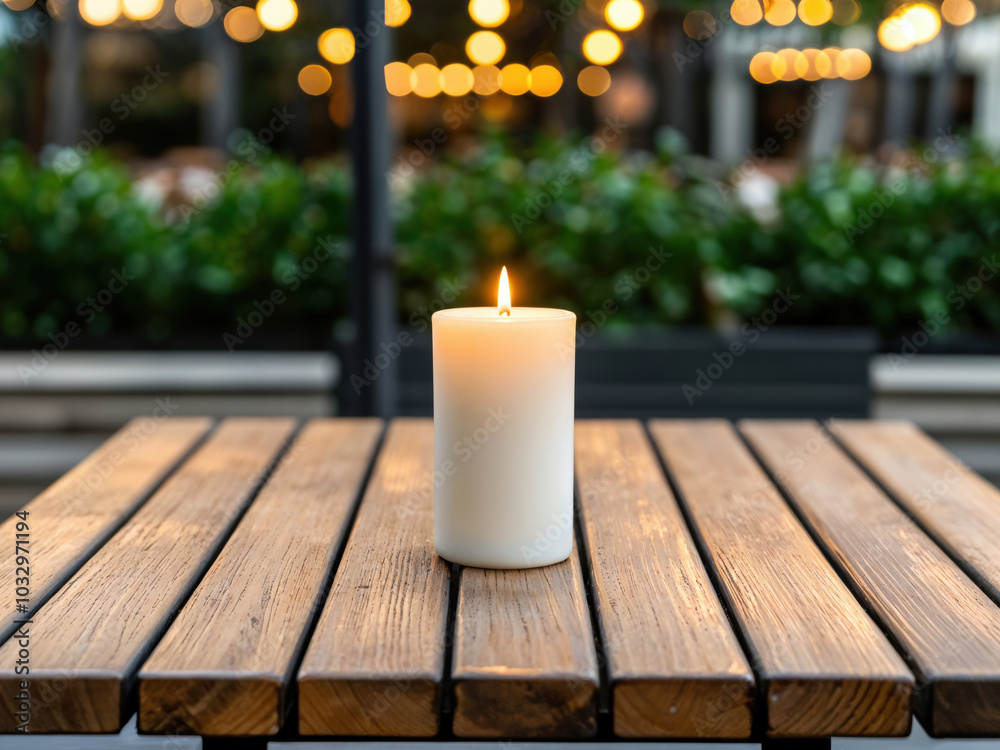 Poster White candle burning on an empty table of a summer cafe, creating a cozy and inviting atmosphere