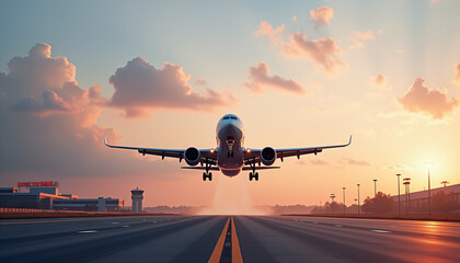 Fototapeta premium Airplane Taking Off at Sunrise with Dramatic Sky
