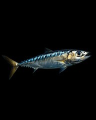 Fototapeta premium the Pacific Jack Mackerel, portrait view, white copy space on right, Isolated on black Background