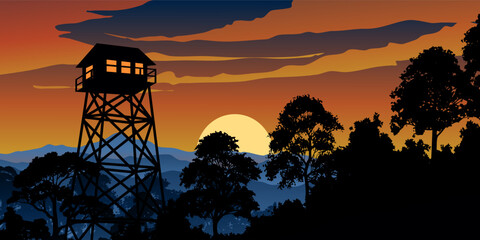 sunset in the forest with watch tower