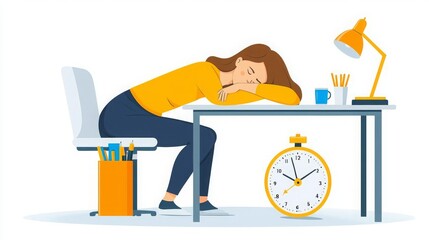 Obraz premium Business Working Woman Burnout Fatigued woman resting on her desk, clock showing late hours, flat design illustration
