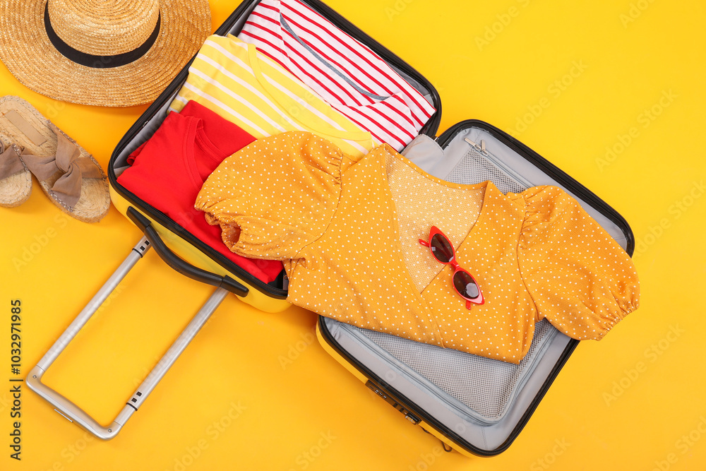 Poster Open suitcase with clothes, wicker hat and shoes on yellow background, flat lay