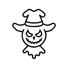 Black outline icon of a creepy clown with exaggerated features, including a wide smile, colorful hair, and a red nose, designed without a background, perfect for representing Halloween themes, horror.