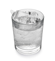 Refreshing water with ice in glass isolated on white