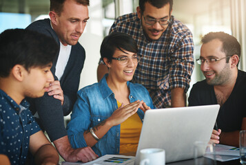 Office, meeting and business people on laptop for planning, website and online project. Creative agency, startup company and men and women talking on computer for research, teamwork and collaboration