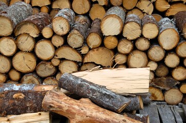 Naklejka premium sawn firewood stacked against the wall