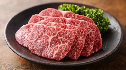 Raw Beef Slices for Grilling on a Black Plate