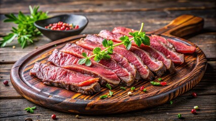 Exquisite Japanese Wagyu Beef Steak Sliced on Wooden Board - Perfect for Restaurant Menus, Advertisements, or Packaging with Copy Space for Branding