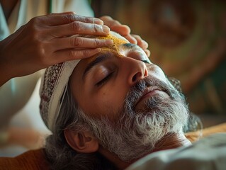 Naklejka premium Traditional Ayurvedic Healing Session with Herbal Oil Application on Patient s Forehead
