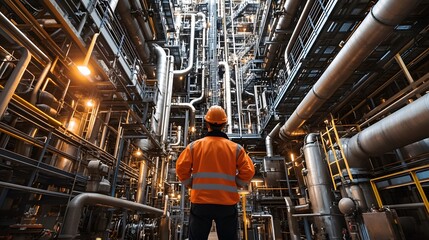 Fototapeta premium An engineer inspecting the mechanical components of a massive machine, surrounded by pipework in a petrochemical plant.