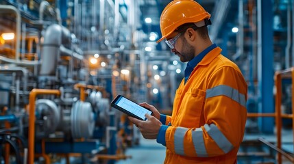 An engineer checking data readouts on a digital device while inspecting machinery in a cutting-edge petrochemical facility.