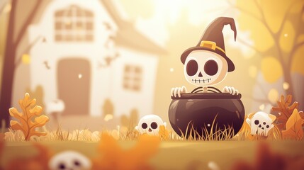 A whimsical scene featuring a skeleton in a witch's hat sitting in a cauldron, surrounded by autumn foliage and small skulls near a charming house.