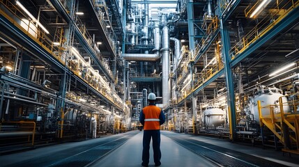 A wide view of an engineer standing next to towering machinery inside a sprawling petrochemical production facility.