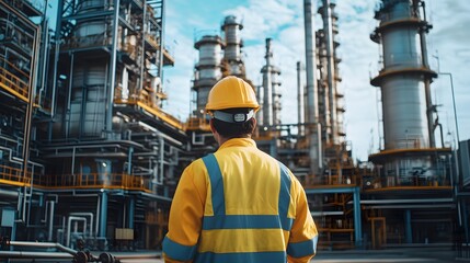 An engineer in a hard hat and safety gear inspecting large industrial machinery in a sprawling petrochemical plant.