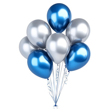 a bunch of silver and blue balloons on ribbons. festive balls on a white background. design element. festive atmosphere