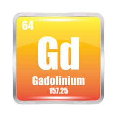 Gadolinium icon. Gd chemical element. Atomic number 64. Mass 157.25. Orange square image. Vector symbol.