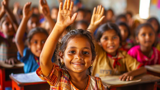 Motivated, smiling primary school children..