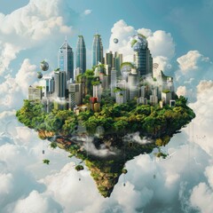 Fototapeta premium Fantasy island floating in the air with 5G network wireless systems and internet of things , Smart city and communication network concept