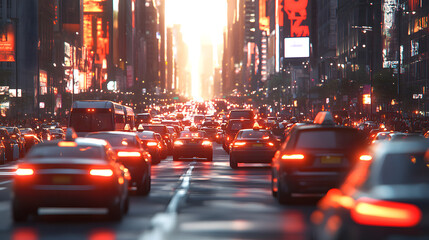 Obraz premium A Bustling Traffic-Filled Street Capturing the Energy of Urban Life with Vehicles Navigating Through the Dynamic Cityscape
