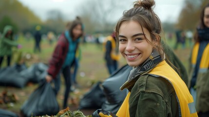 A group of young people, smiling and wearing gloves, clean up the environment