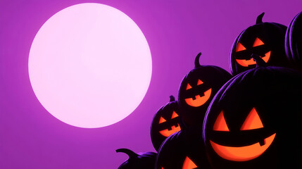 Fototapeta premium 3D halloween evil pumpkins jack-o-lantern silhouettes with a big moon at night glow illuminiated illustration decoration purple pink white background with copy space