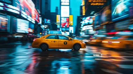 Wanddecoratie New York taxi a yellow taxi in motion blur on the street of new york, motion blurred city lights and billboards in background  © ifoto
