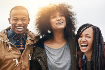 Friends, laughing and portrait outdoor for bonding, travel and vacation together with hug, love and...