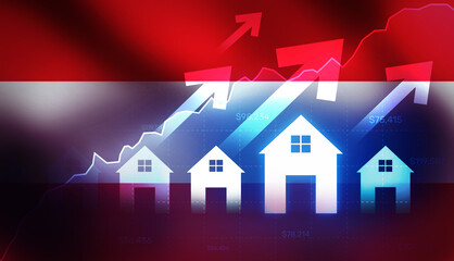 Real estate market going up in the Austria, flag with arrows along houses in blue color. Housing prices concept backdrop