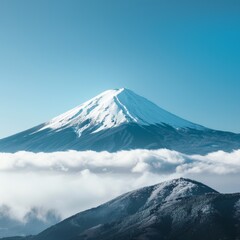tranquil winter scene of rooftops blanketed in snow with Mount Fuji in the background and a clear sky is perfect for promoting mountain retreats and tourism in Japan.