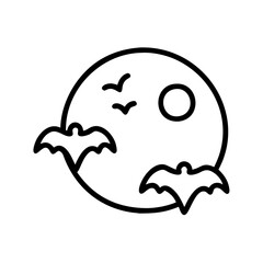 Black outline icon of a full moon featuring a circular shape with surface details like craters, designed without a background, perfect for symbolizing nighttime, lunar themes, and Halloween.