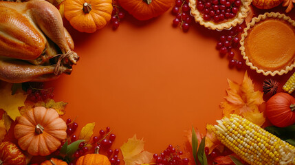 3D thanksgiving design with delicious roasted turkey pumpkin pie berry corn and autumn leaves orange red food background with copy space