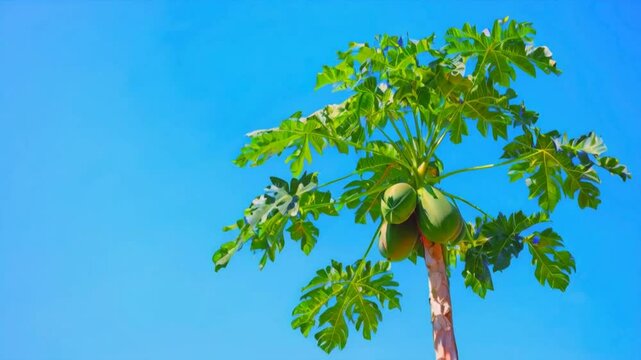 Papaya tree on blue sky background. Papaya tree is a tropical plant with broad leaves, producing large, oval fruits with sweet, orange flesh. 