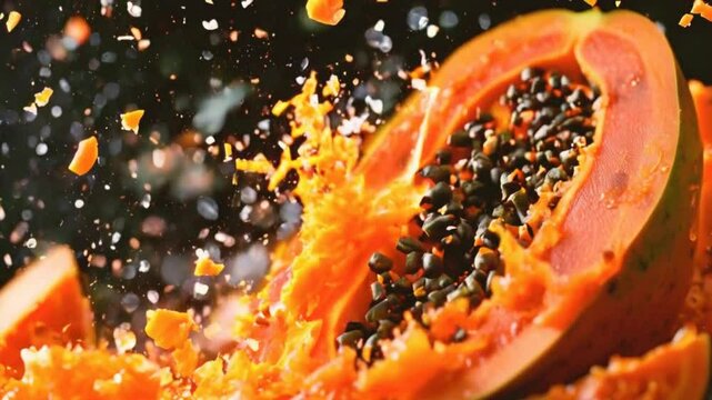 Papaya explodes, breaking into tiny pieces of juice. Papaya juice is a sweet, tropical beverage, rich in vitamins A and C, with a vibrant orange color. 