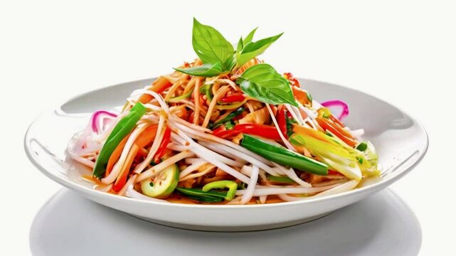 Papaya salad is a tangy, spicy, and refreshing Thai dish made from shredded unripe papaya, chili peppers, and lime. 