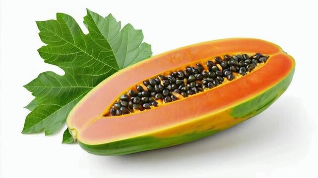 Papaya slice with leaf. Papaya is a tropical fruit with sweet, orange flesh, black seeds, high in vitamin C and antioxidants. 