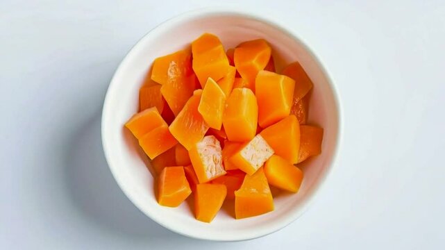 Papaya slice in a white bowl. Papaya is a tropical fruit with sweet, orange flesh, black seeds, high in vitamin C and antioxidants. 