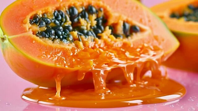 Papaya slice is dripping juice. Papaya is a tropical fruit with sweet, orange flesh, black seeds, high in vitamin C and antioxidants. 
