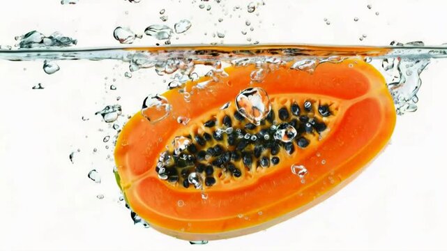 Papaya slices in water with bubbles. Papaya is a tropical fruit with sweet, orange flesh, black seeds, high in vitamin C and antioxidants. 