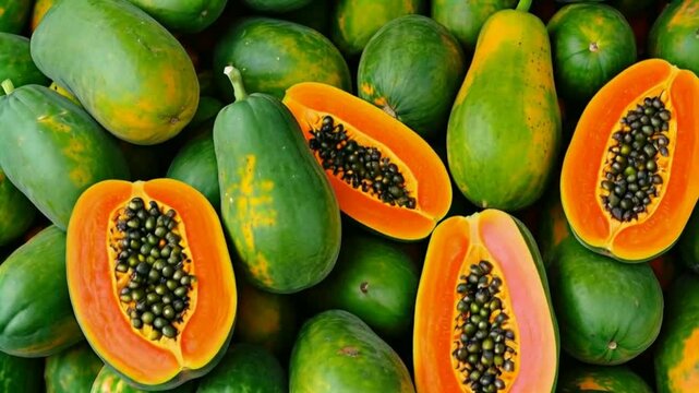 Papayas with a papaya half in full frame. Papaya is a tropical fruit with sweet, orange flesh, black seeds, high in vitamin C and antioxidants. 