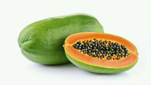 Papaya on a white background. Papaya is a tropical fruit with sweet, orange flesh, black seeds, high in vitamin C and antioxidants. 