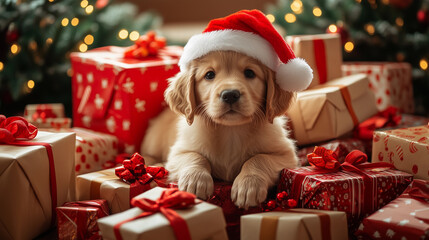 small golden puppy wearing a christmas hat surrounded by gifts and decorations on christmas eve with a christmas tree