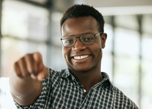 Black man, portrait or hand pointing for selection, choice or vote for opportunity, recruitment or decision in office. Smile, business or emoji gesture for you, new job or invitation to join startup
