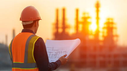 Construction worker examining blueprints at sunset, silhouette of oil plant in background, representing industrial development and project planning.